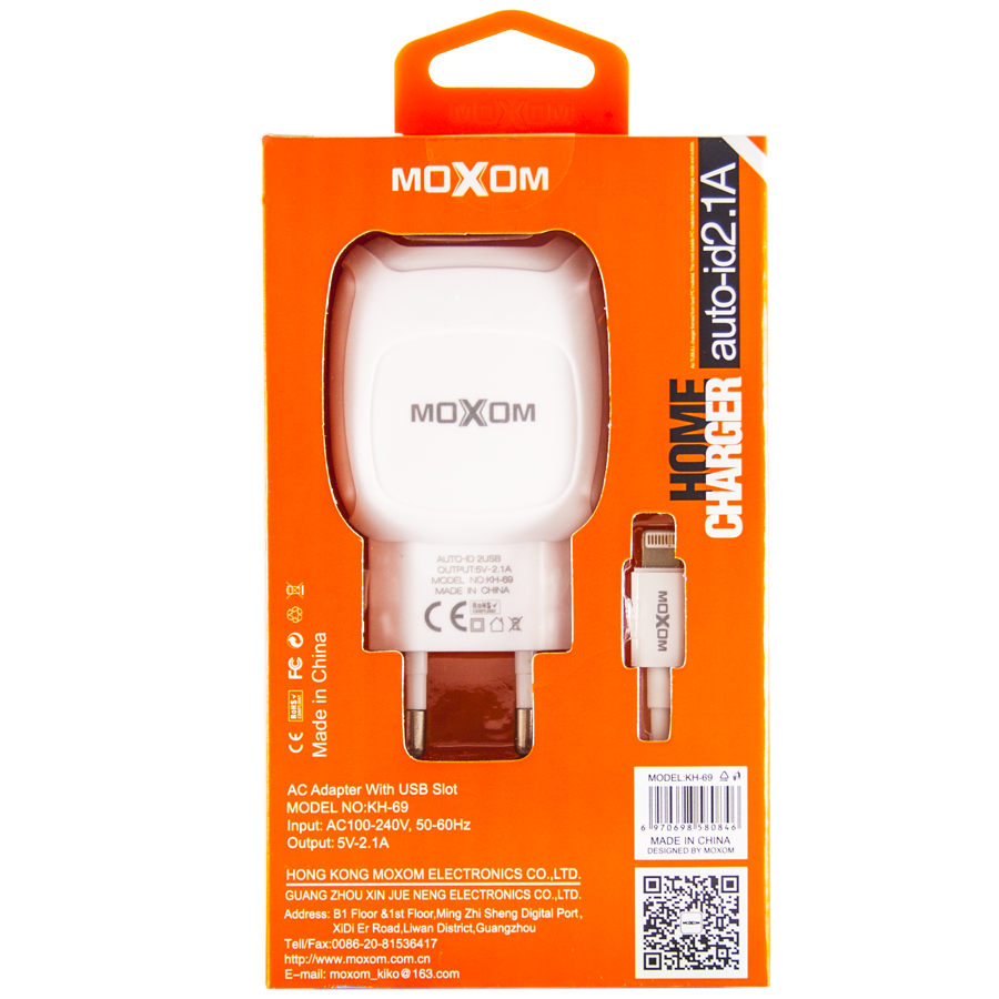 Сетевое зарядное устройство MOXOM 2в1 micro 2USB/2.1A (KH-69) белый .
